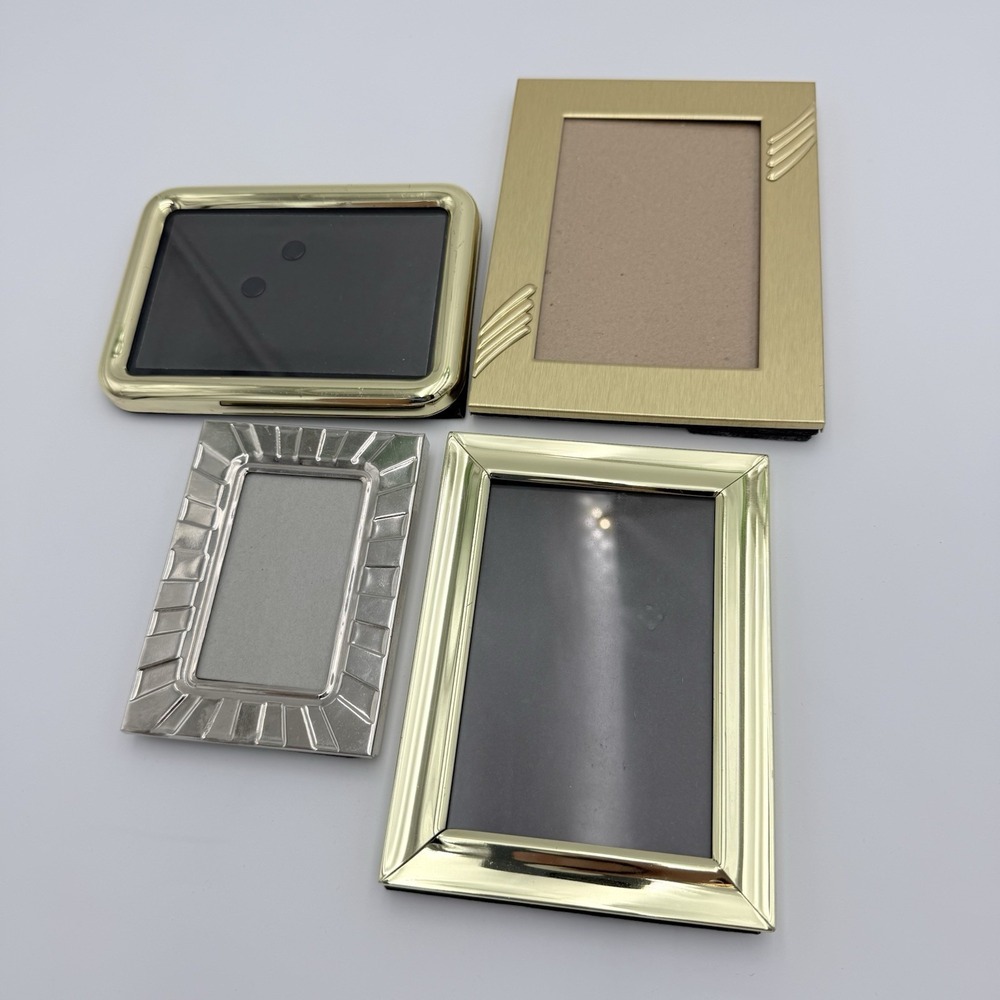 Set of 4 Vtg Gold Brass Tone Picture Frames Ornate Easel Table Top Glass Small